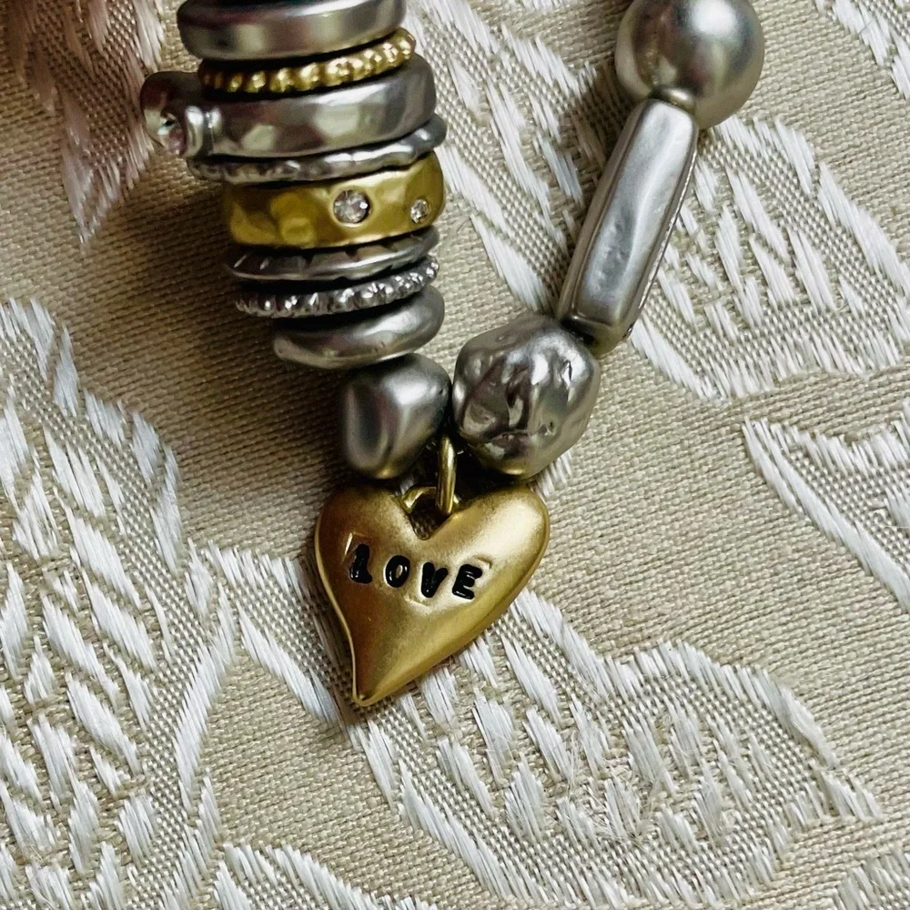 NWT Chico’s Silver Gold Tone Rhinestone Love Theme Mixed Media Stretch Bracelet